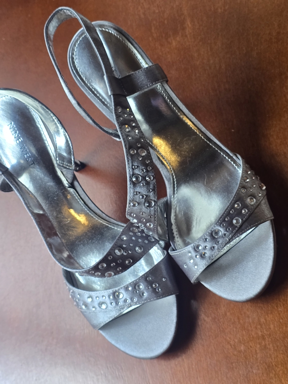 Nine West Metallic Gray Studded Slingback Heels